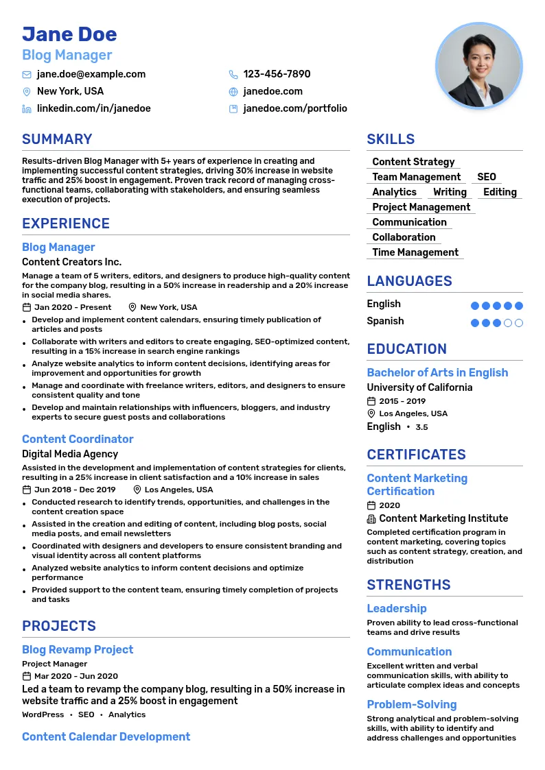 Blog Manager resume example