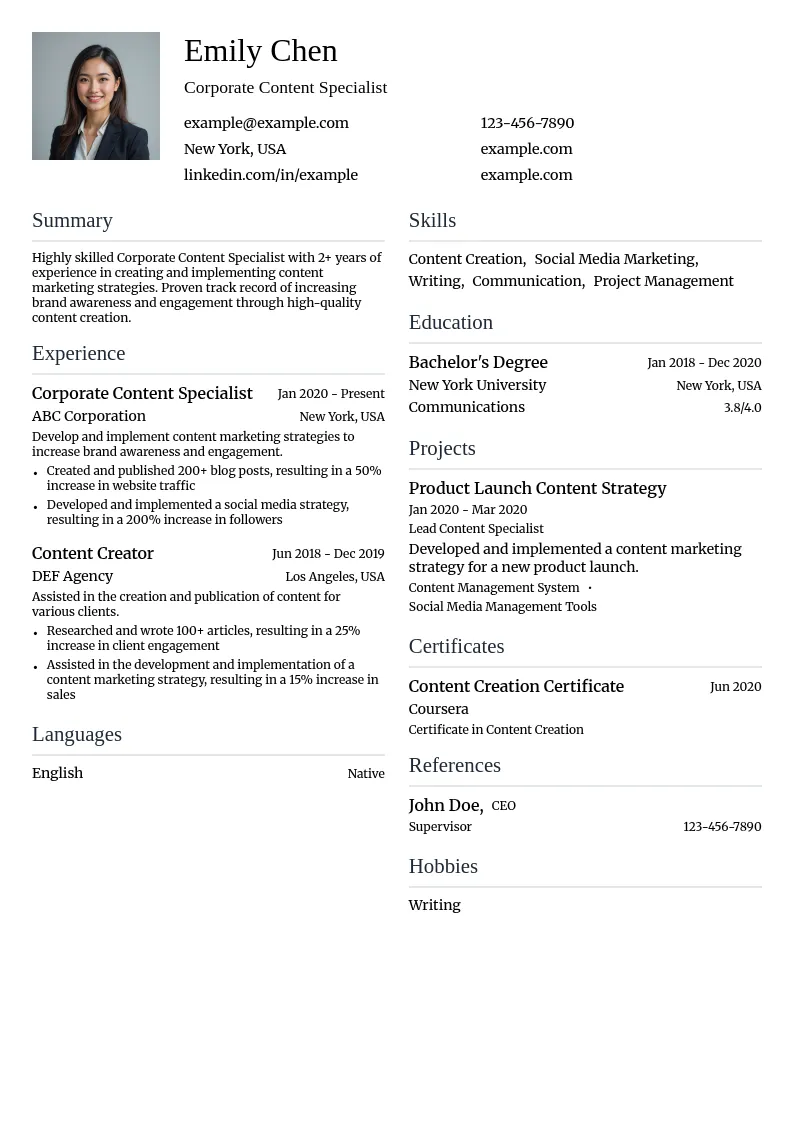Corporate Content Specialist resume example