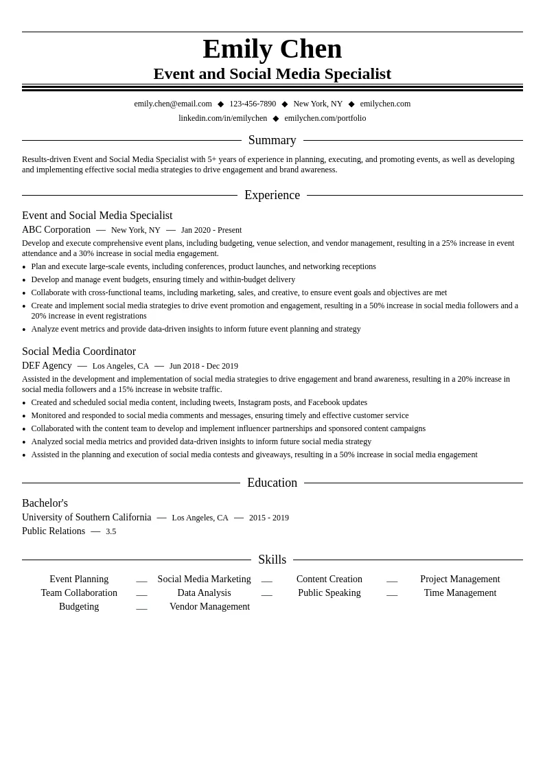 Event and Social Media Specialist resume example
