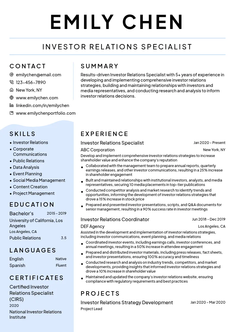 Investor Relations Specialist resume example