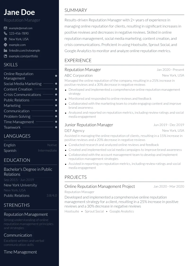 Reputation Manager resume example