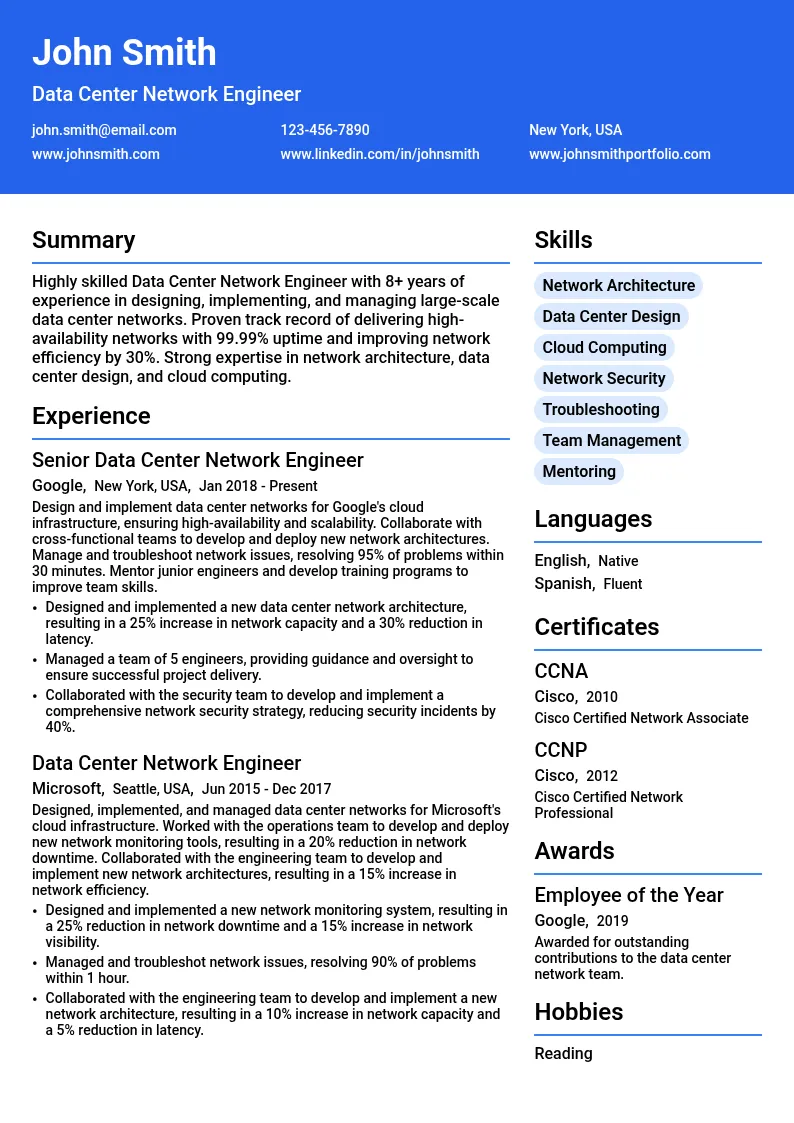 Data Center Network Engineer resume example
