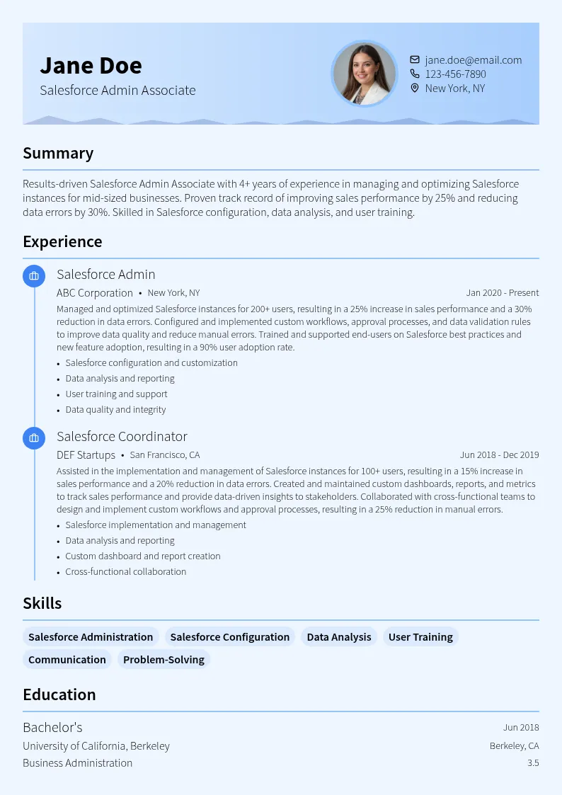 Salesforce Admin Associate resume example