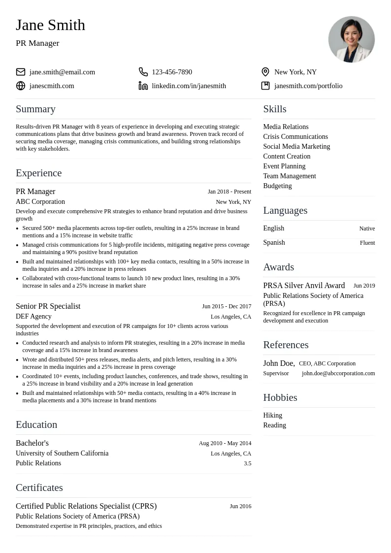 PR Manager resume example