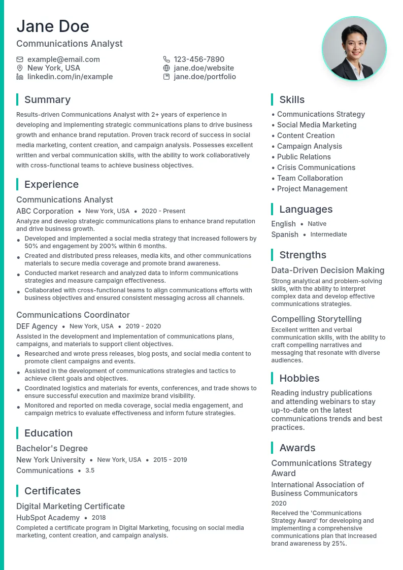 Communications Analyst resume example