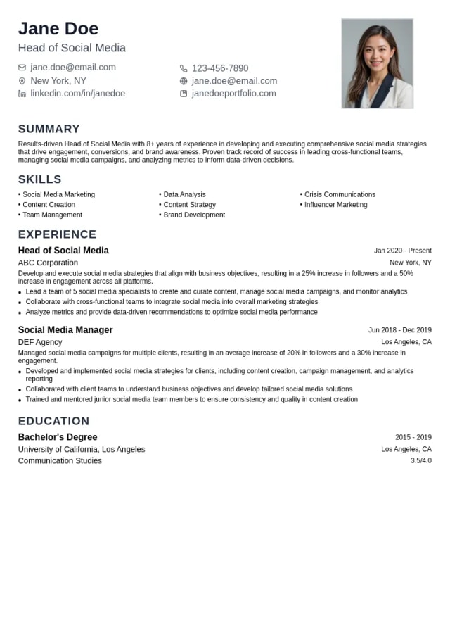 Head of Social Media resume example