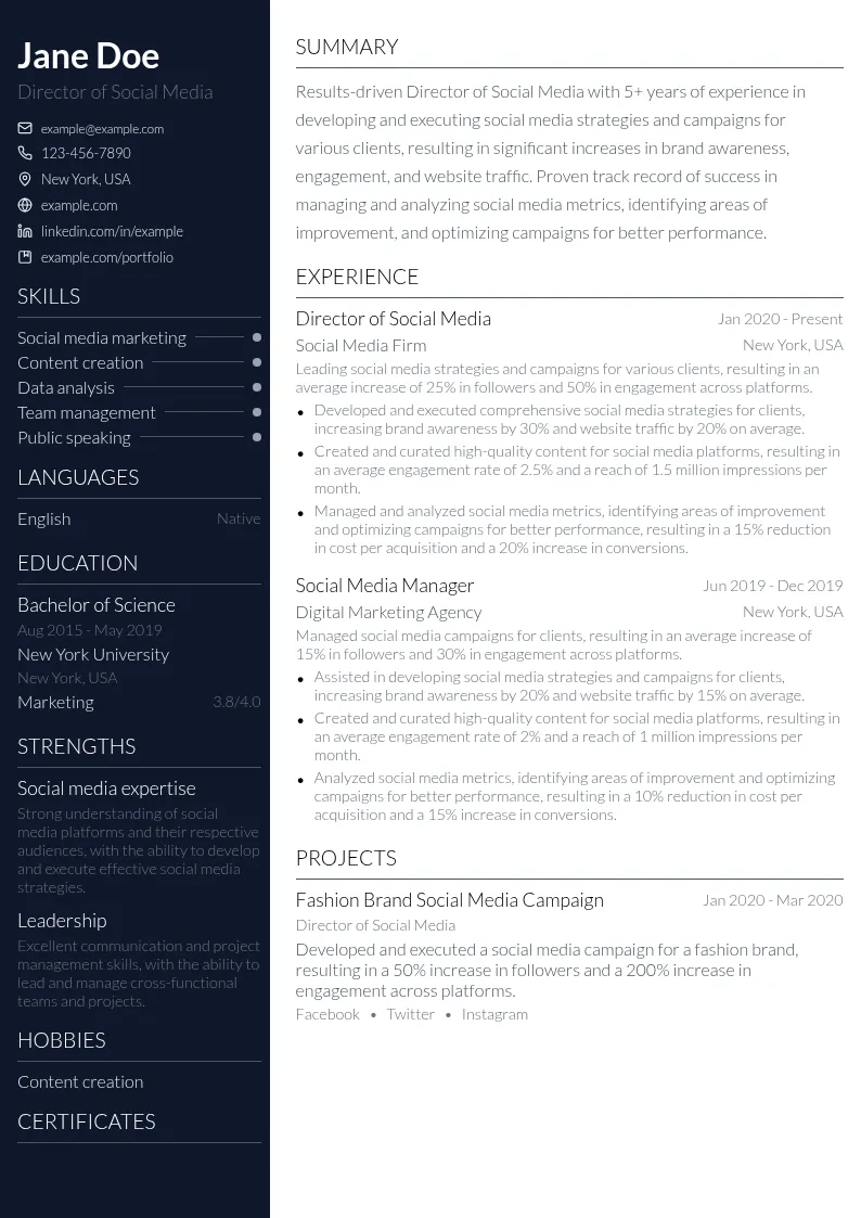 Director of Social Media resume example