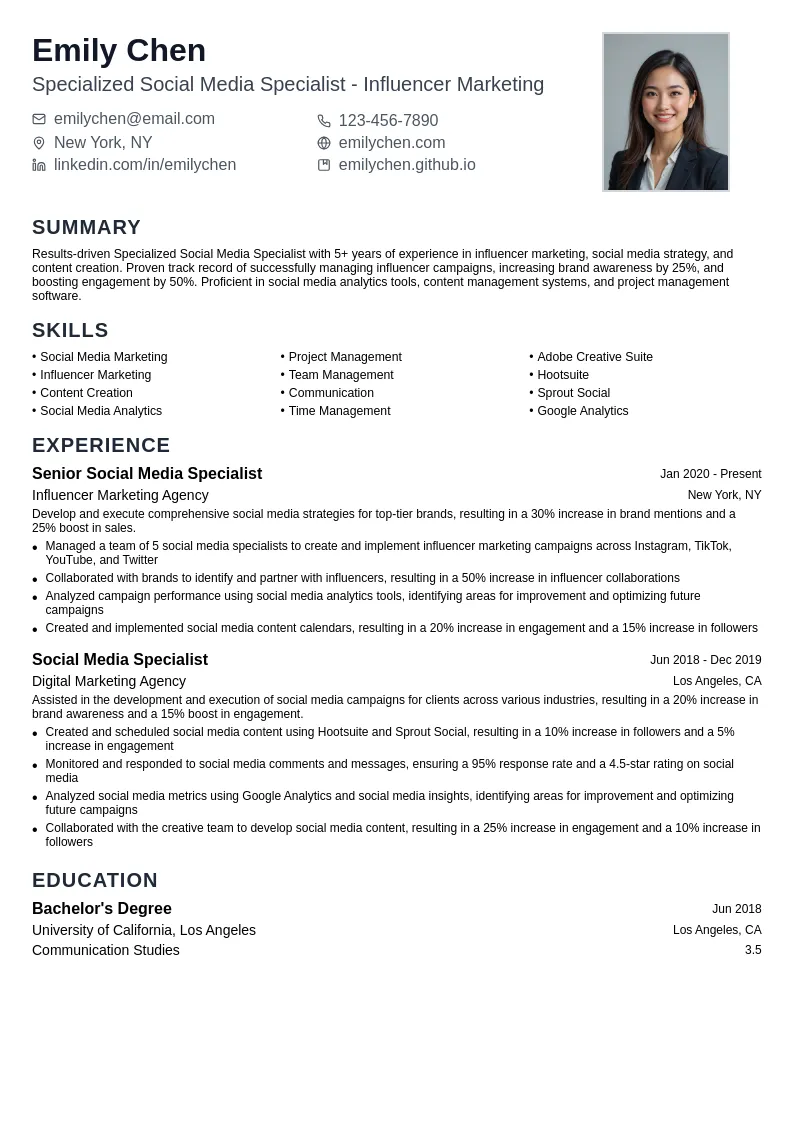 Specialized Social Media Specialist - Influencer Marketing resume example