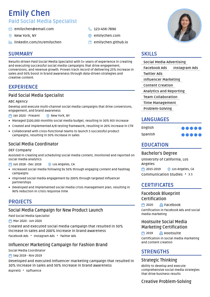 Paid Social Media Specialist resume example