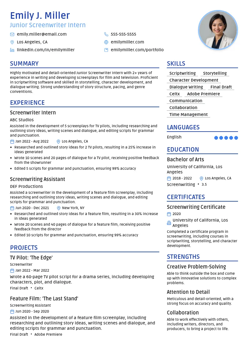 Junior Screenwriter Intern resume example