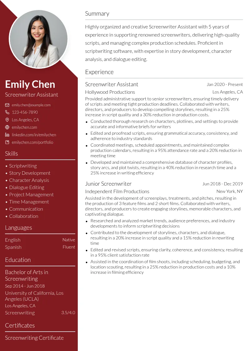 Screenwriter Assistant resume example