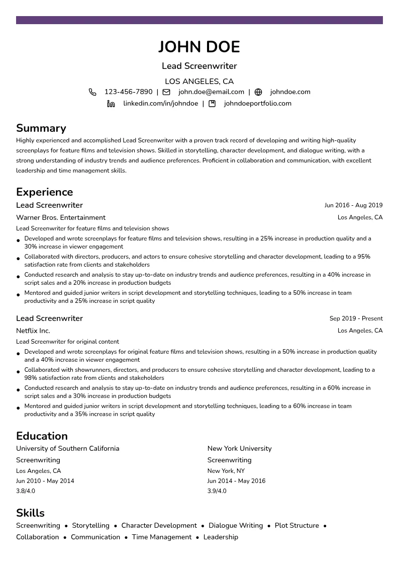 Lead Screenwriter resume example