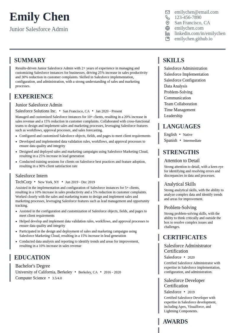 Junior Salesforce Admin resume example