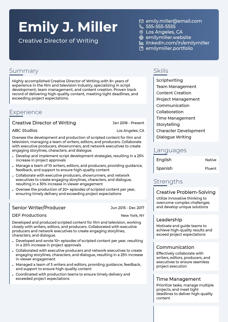 Creative Director of Writing resume example