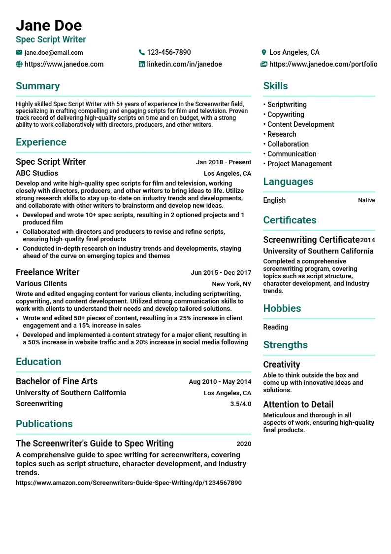 Spec Script Writer resume example