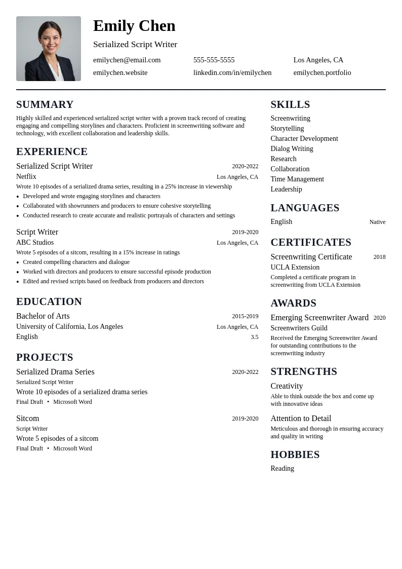 Serialized Script Writer resume example