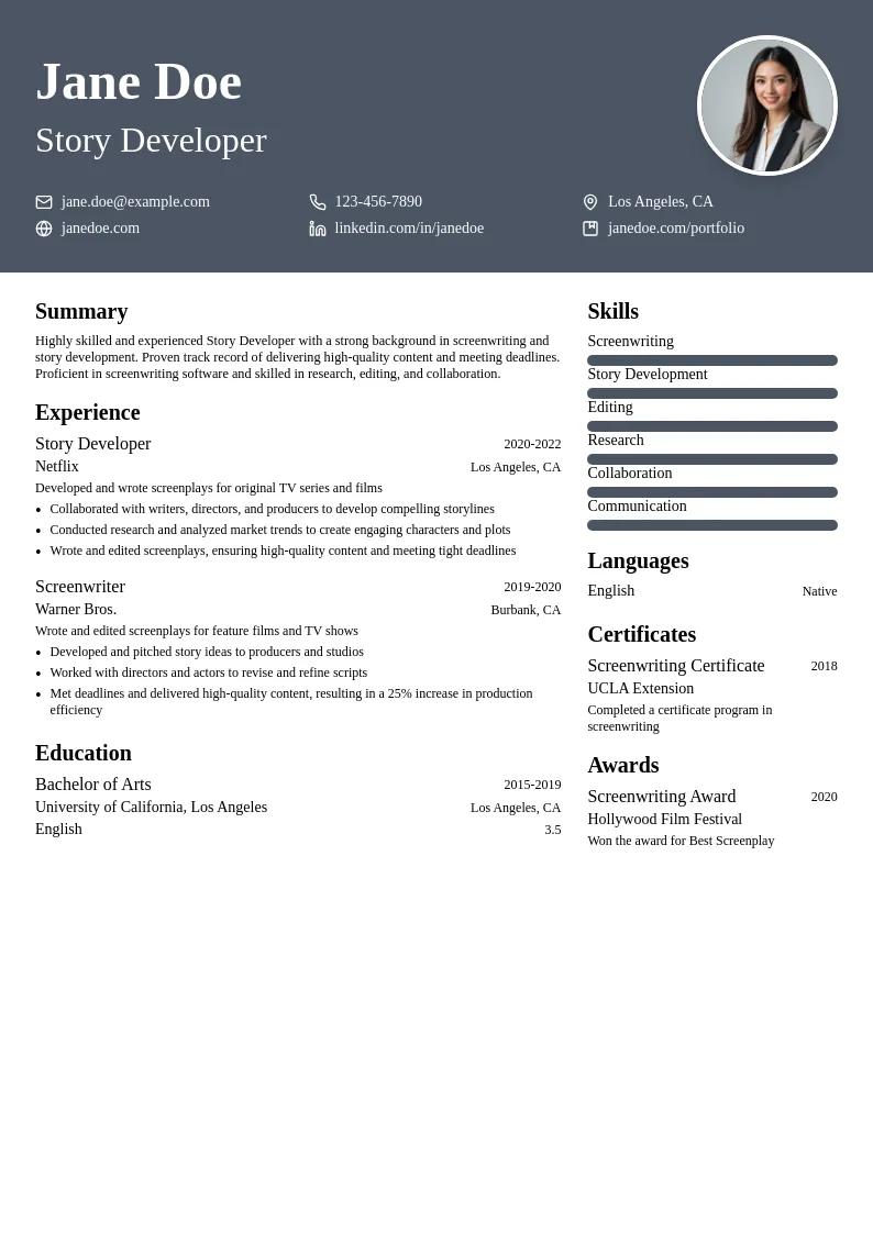 Story Developer resume example
