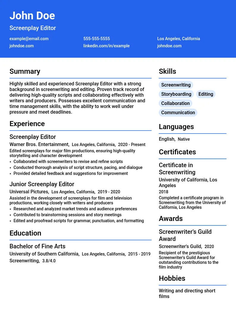 Screenplay Editor resume example