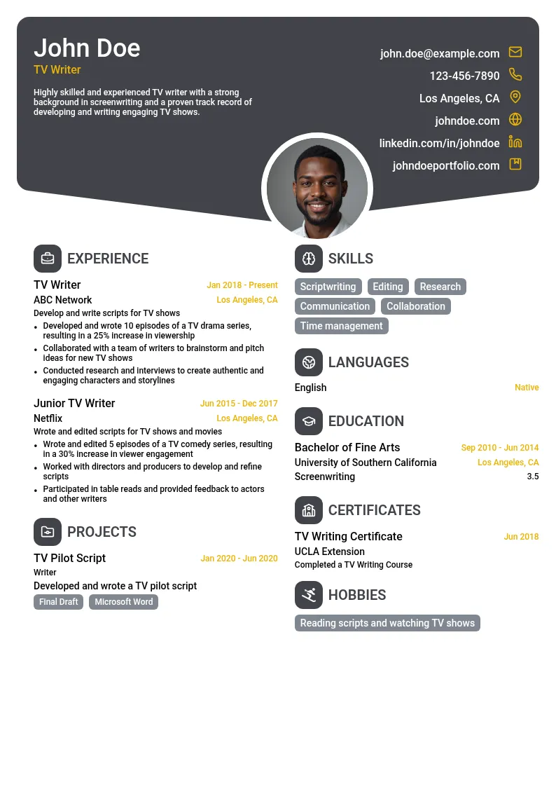 TV Writer resume example
