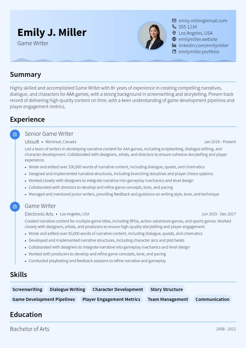 Game Writer resume example