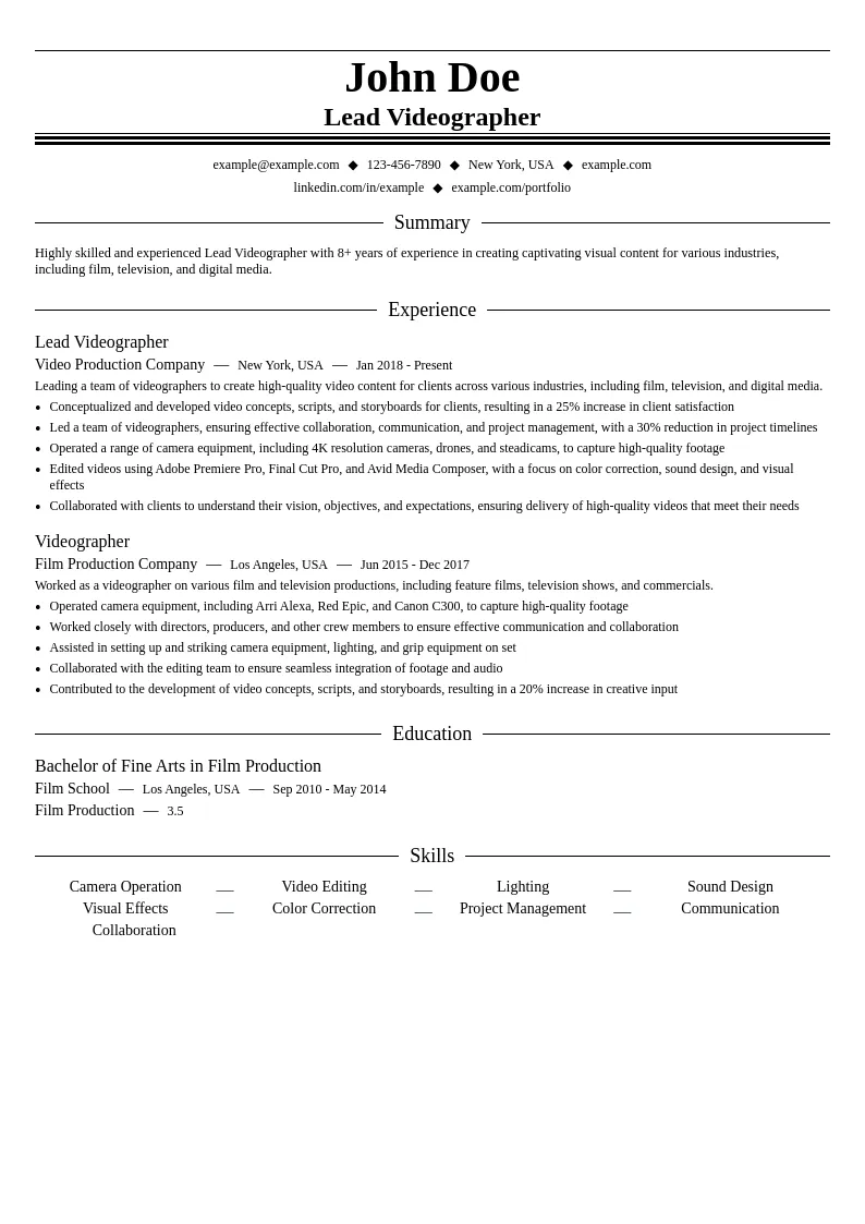 Lead Videographer resume example
