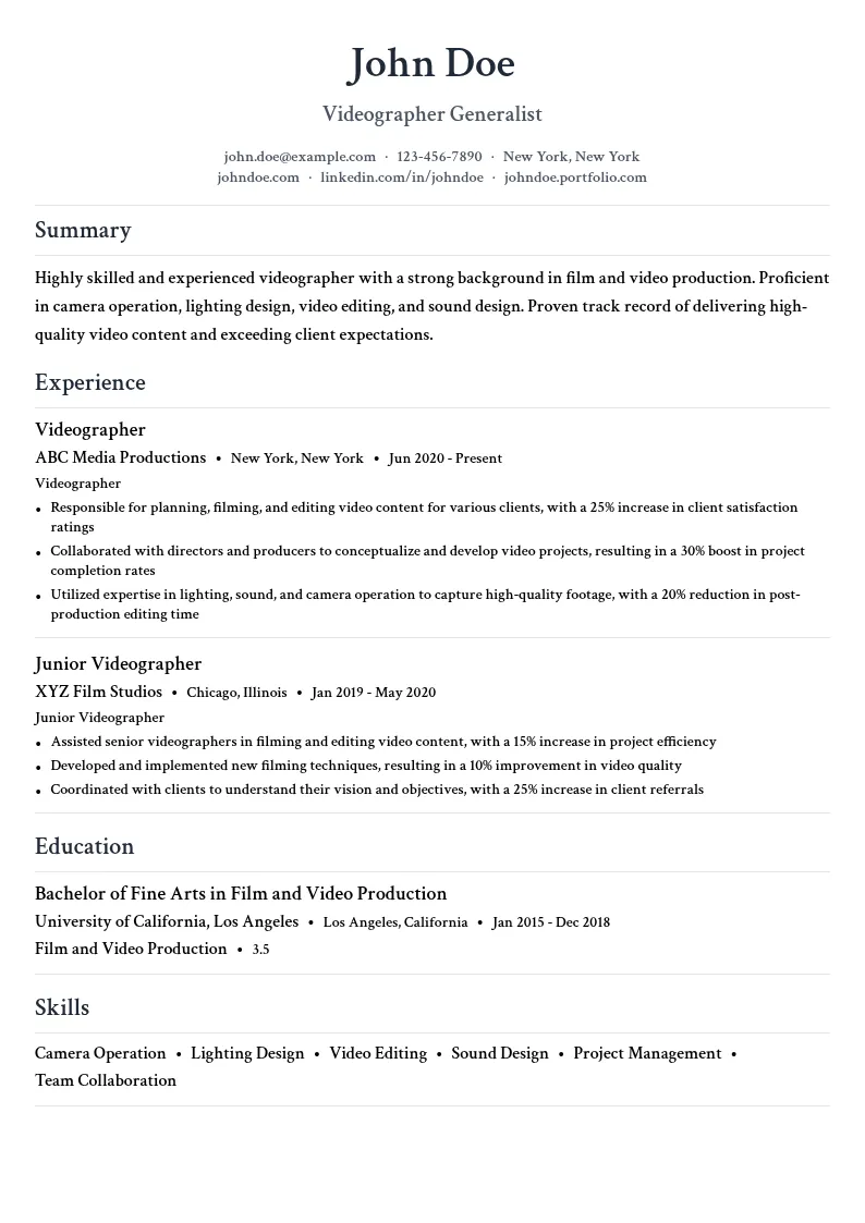 Videographer Generalist resume example