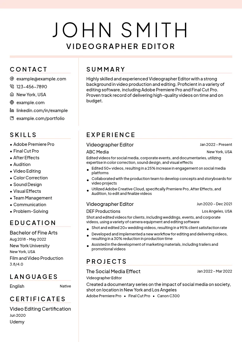 Videographer Editor resume example
