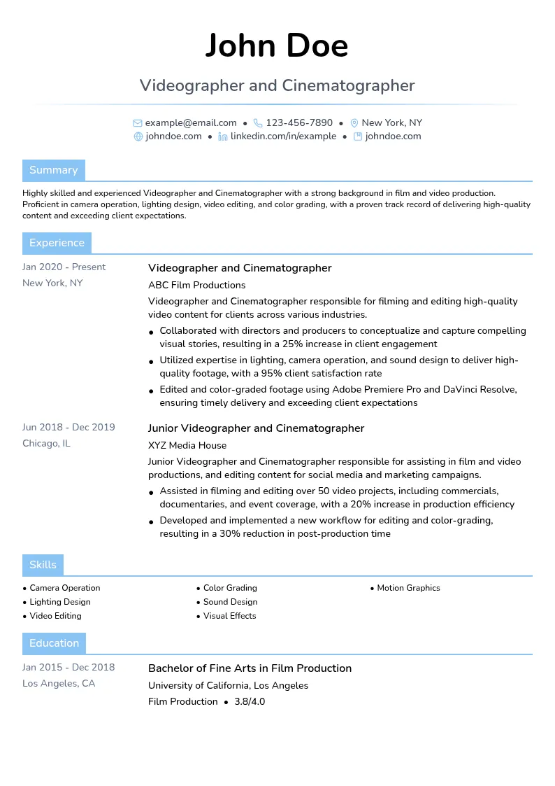 Videographer Cinematographer resume example