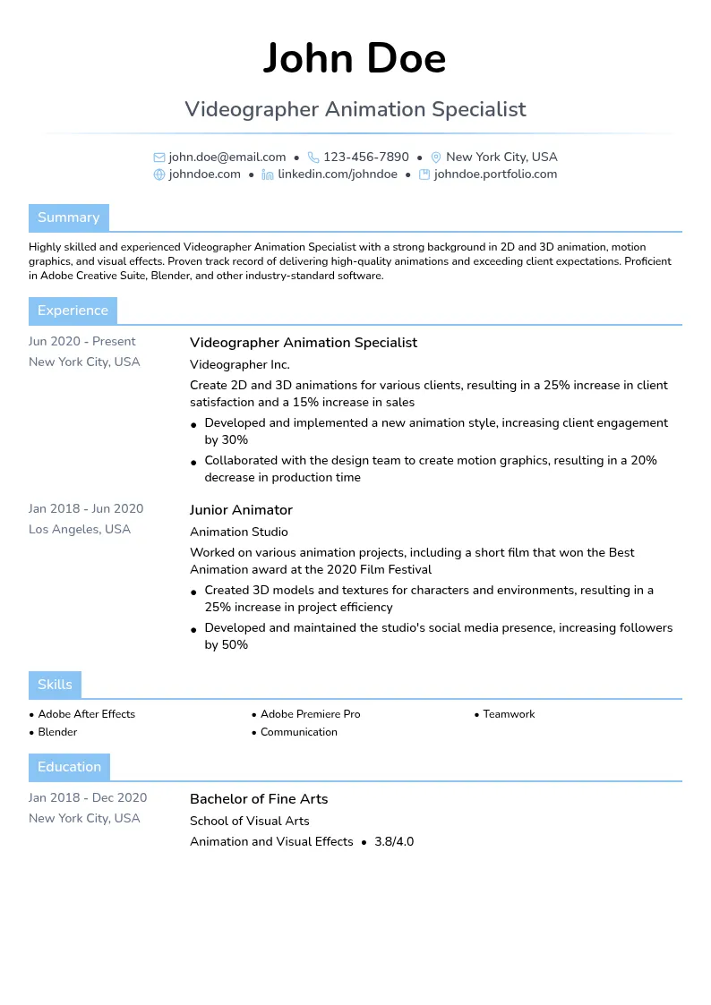 Videographer Animation Specialist resume example