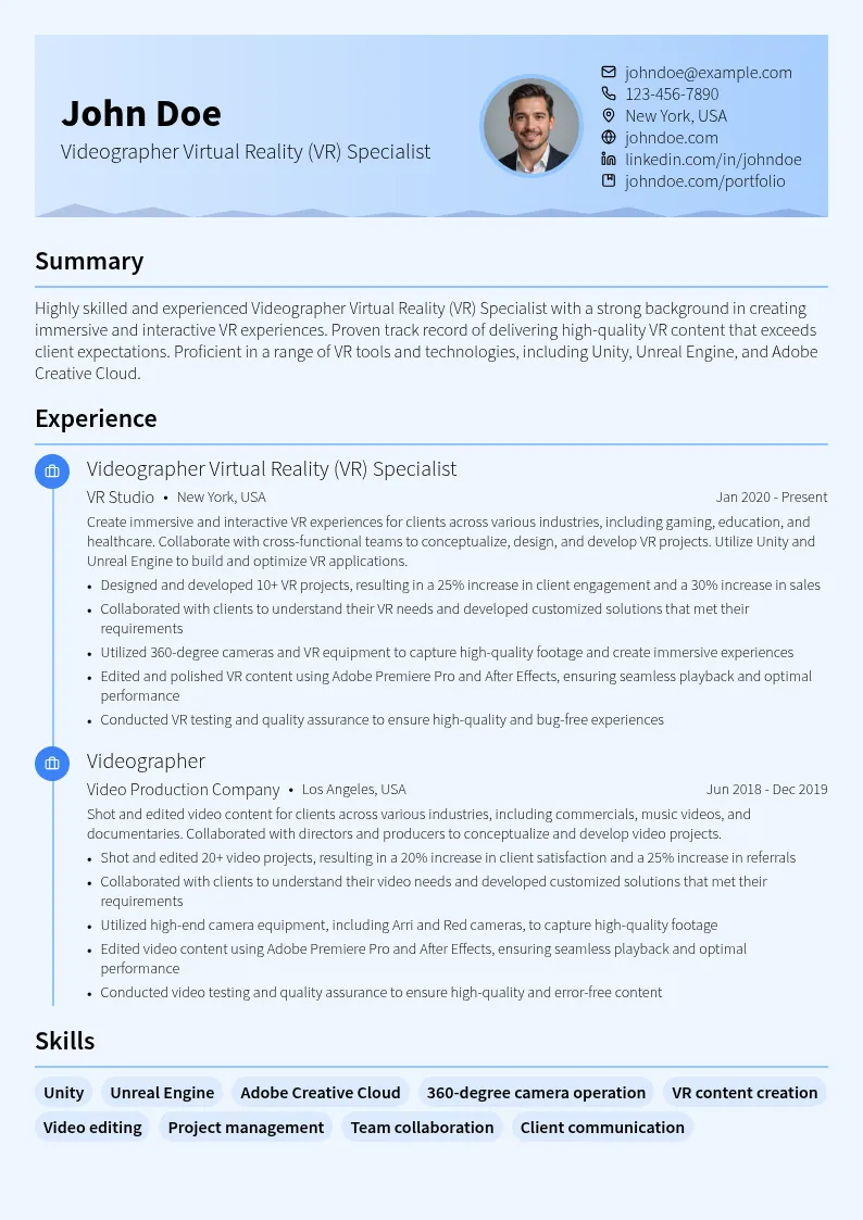 Videographer Virtual Reality (VR) Specialist resume example
