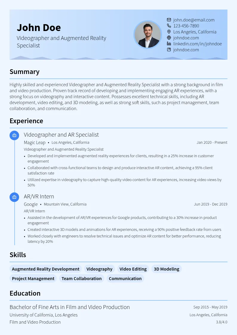 Videographer Augmented Reality (AR) Specialist resume example