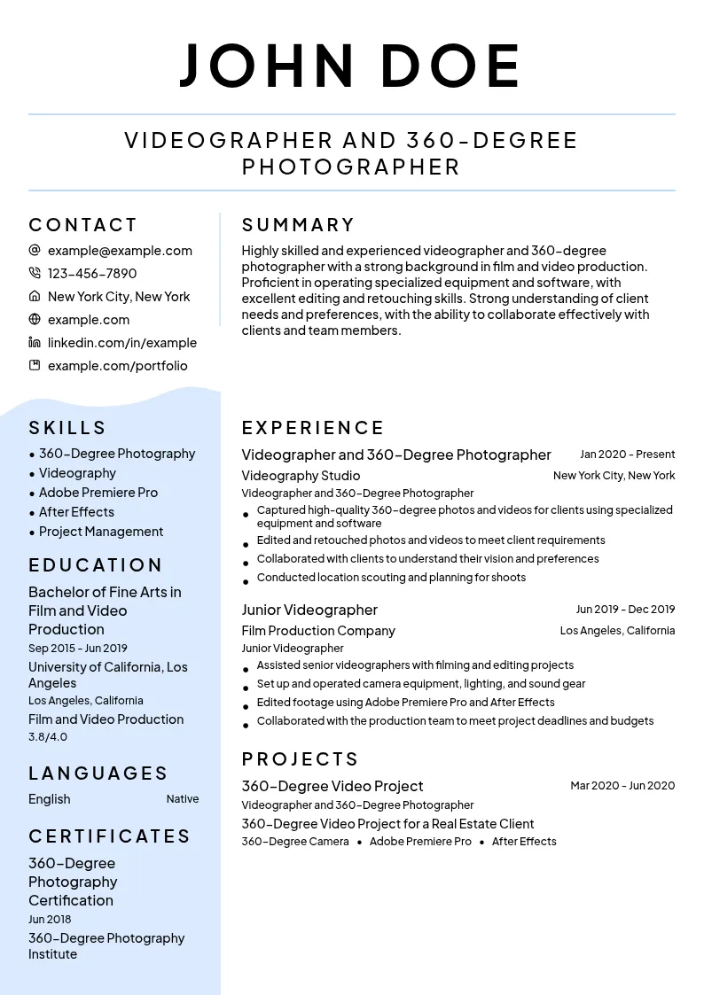 Videographer 360-Degree Photographer resume example