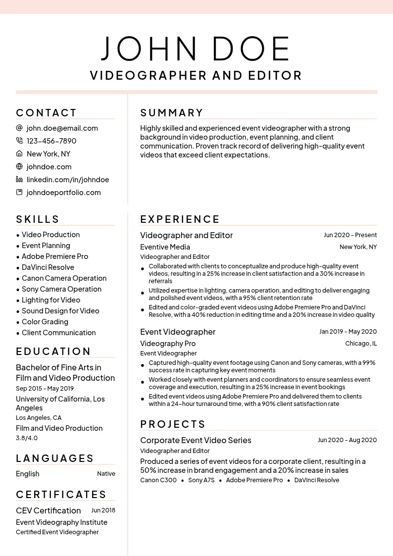 Videographer Event Videographer resume example