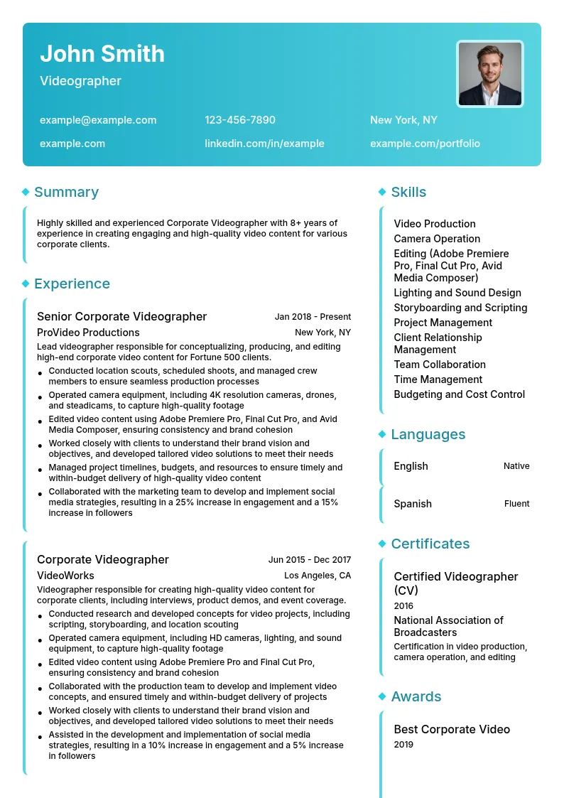 Videographer Corporate Videographer resume example