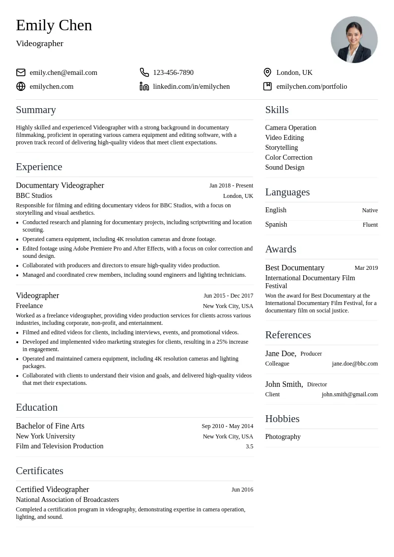 Videographer Documentary Videographer resume example