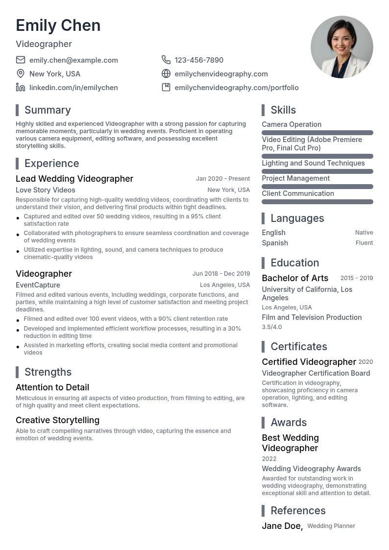 Videographer Wedding Videographer resume example