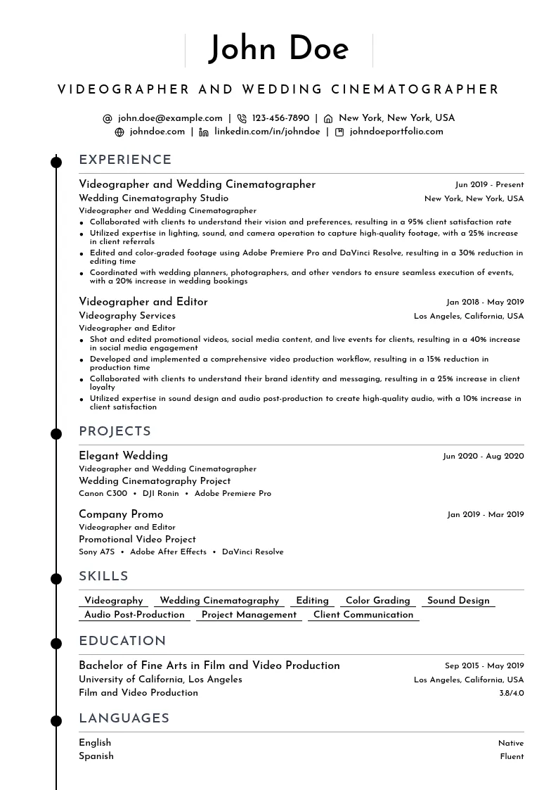 Videographer Wedding Cinematographer resume example
