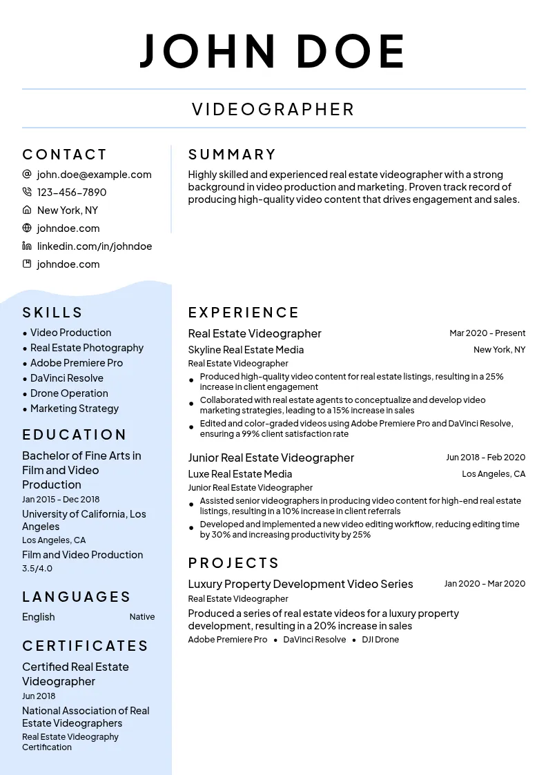 Videographer Real Estate Videographer resume example