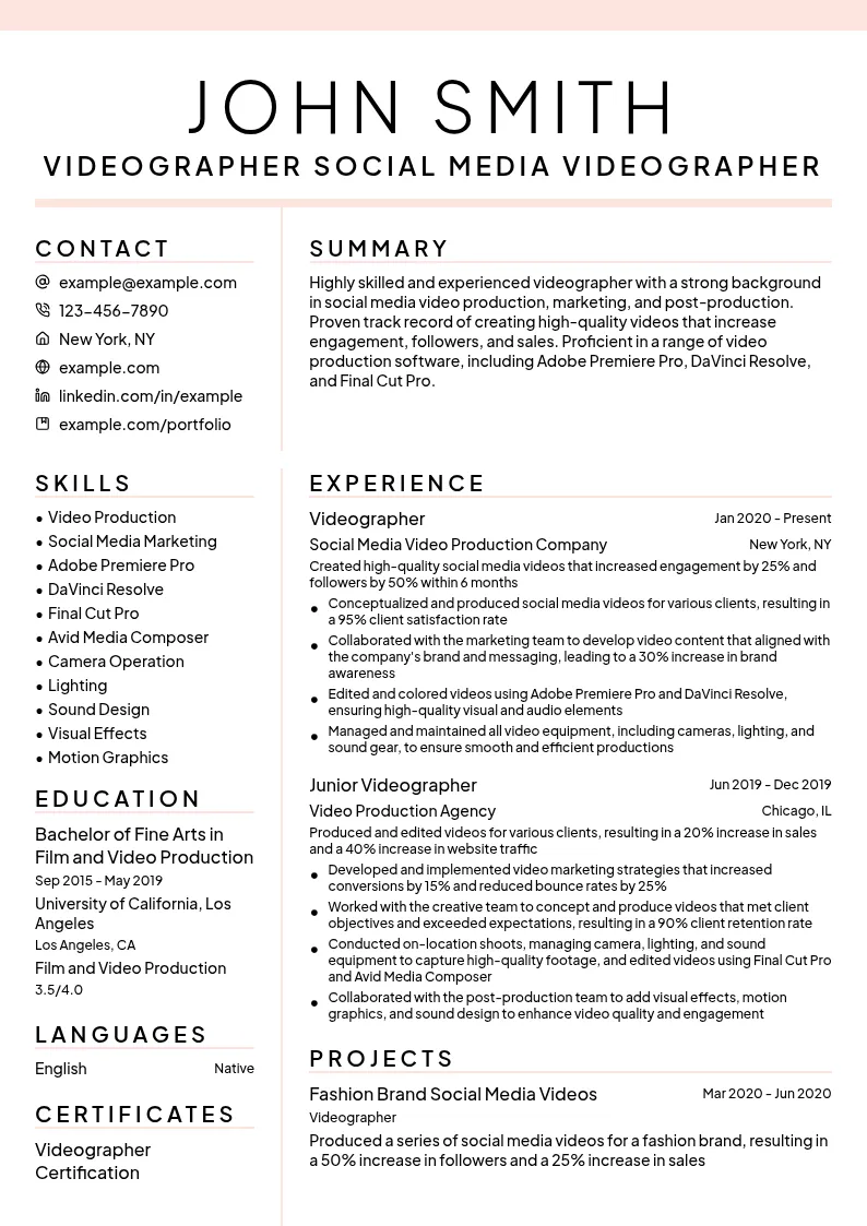 Videographer Social Media Videographer resume example
