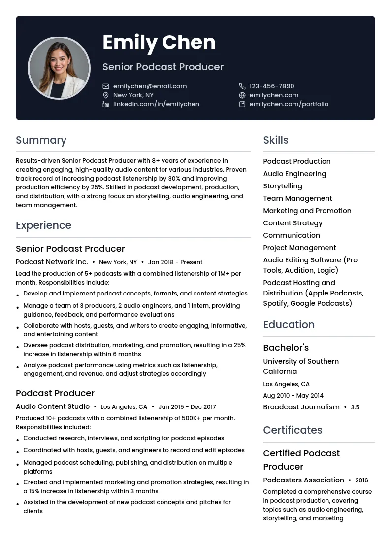 Senior Podcast Producer resume example