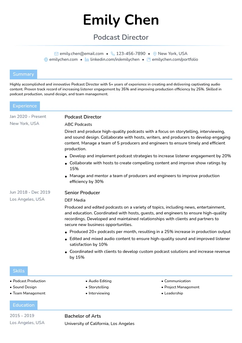 Podcast Director resume example