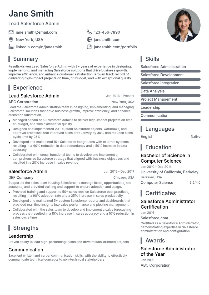 Lead Salesforce Admin resume example