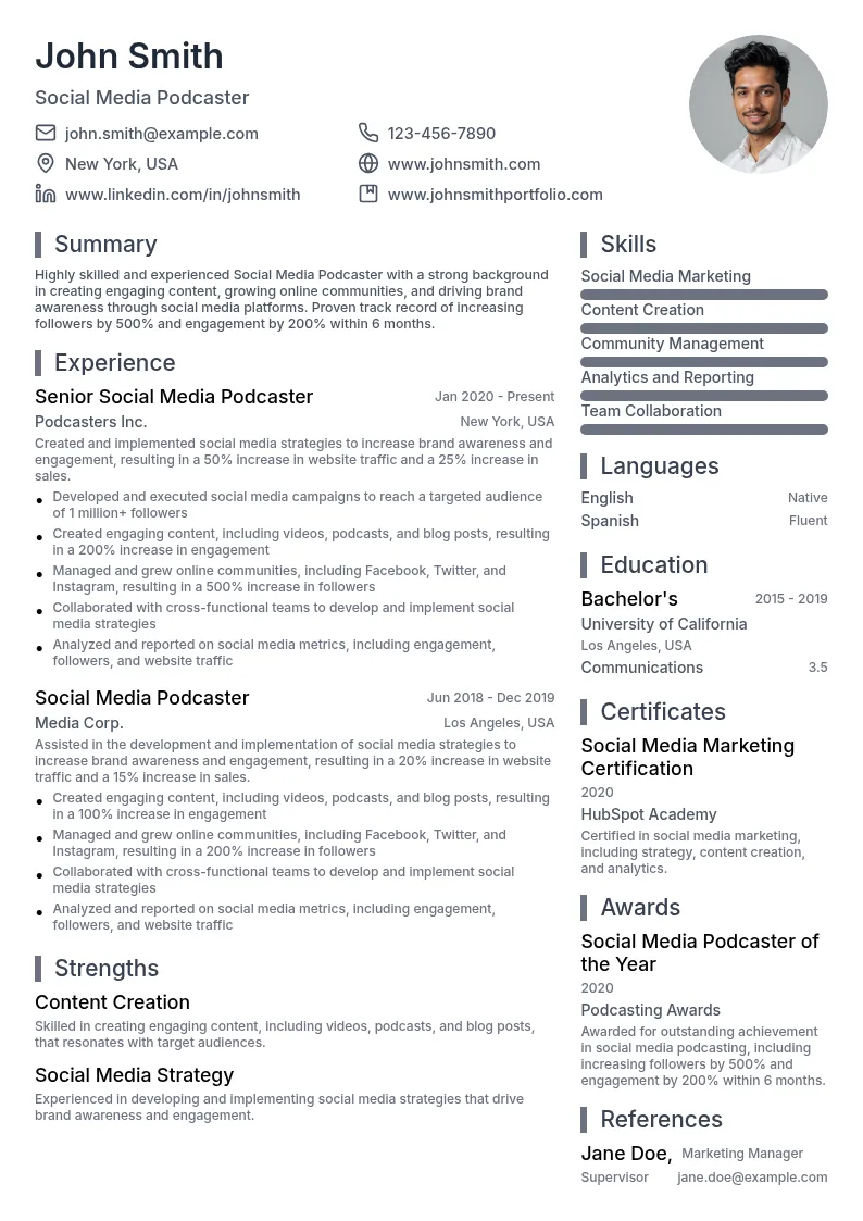 Social Media Podcaster resume example