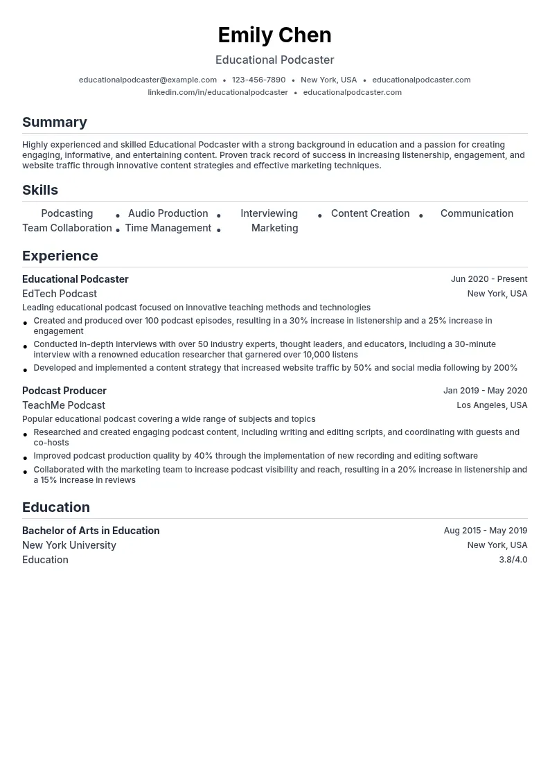 Educational Podcaster resume example