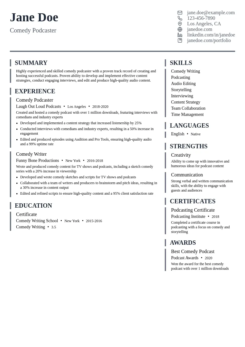 Comedy Podcaster resume example