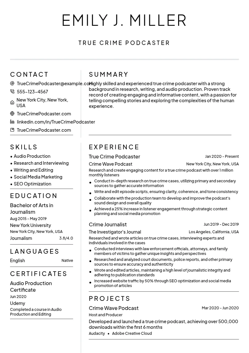 True Crime Podcaster resume example