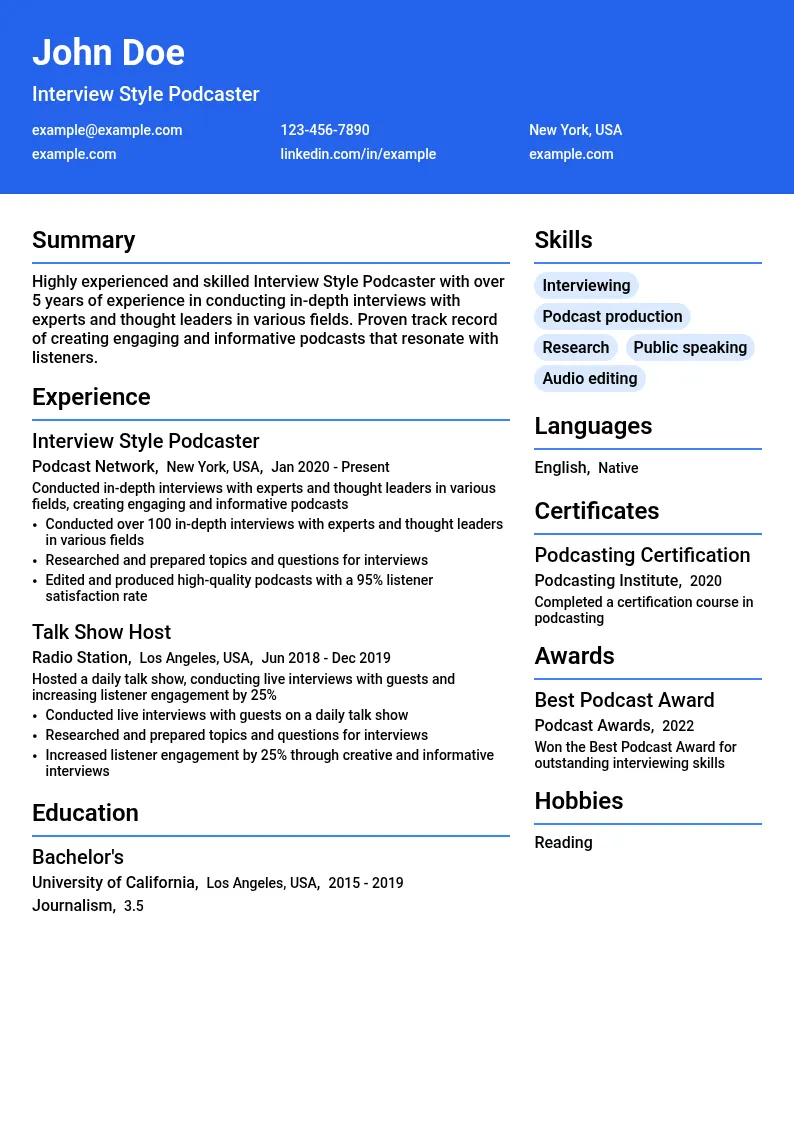 Interview Style Podcaster resume example