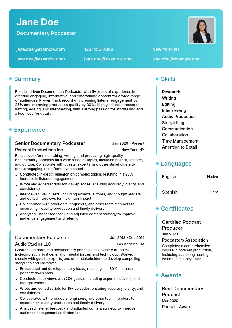 Documentary Podcaster resume example
