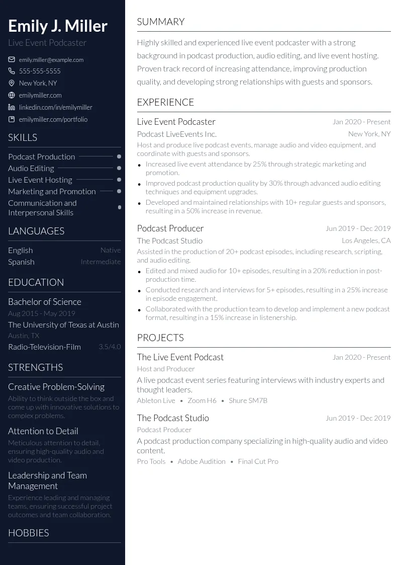 Live Event Podcaster resume example