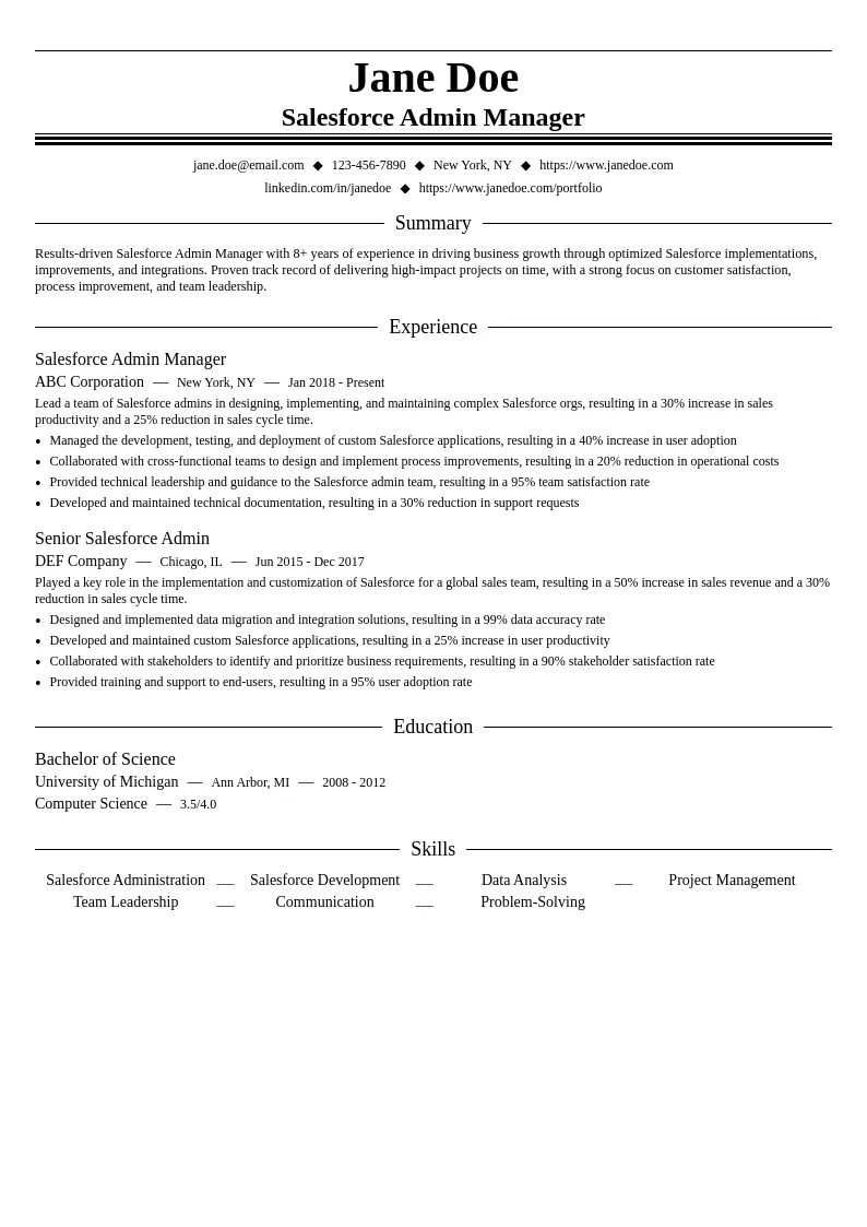 Manager Salesforce Admin resume example